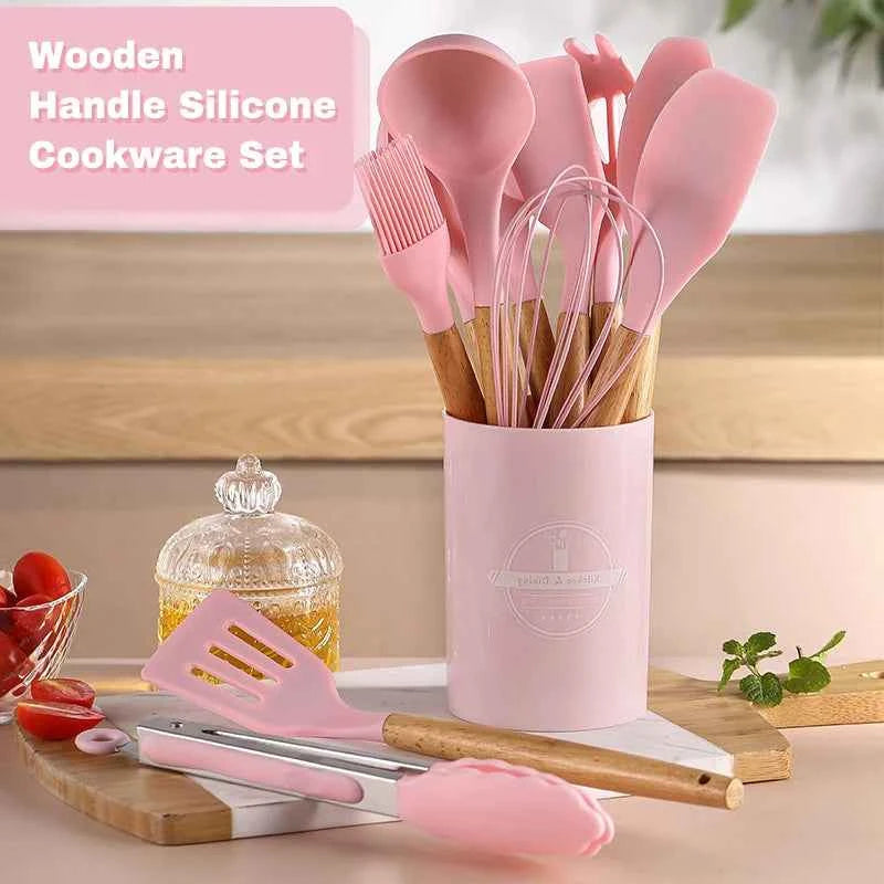 Silicone Cookware Set 12pcs Kitchen Utensil Wooden Handle Non-stick Spatula Shovel Spoon Kitchen Cooking Specialty Tools