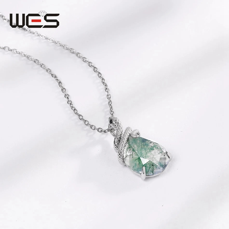 WES 100% 925 Silver Natural Unique Moss Agate Pendant Necklace for Woman Forest Jewelry Engagement Gift Boho Style Wholesale - AMULET RING STORE