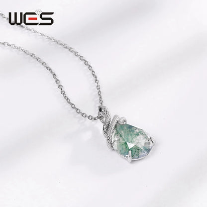 WES 100% 925 Silver Natural Unique Moss Agate Pendant Necklace for Woman Forest Jewelry Engagement Gift Boho Style Wholesale - AMULET RING STORE