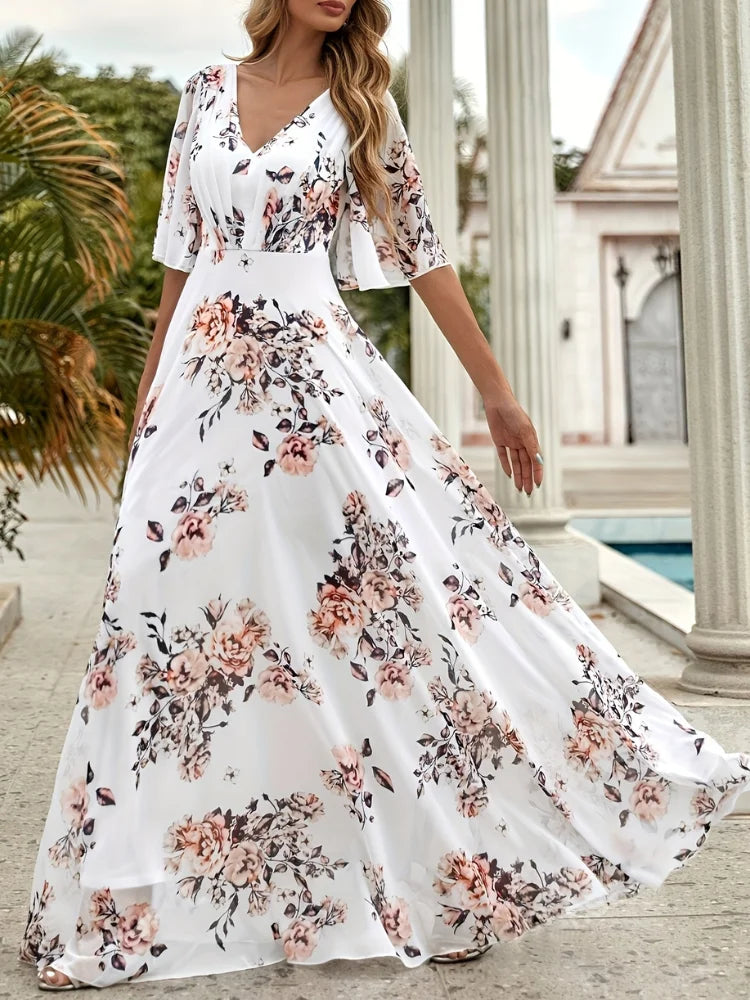 Wefads Women Long Dress Summer Casual Sexy V-Neck Lotus Leaf Sleeves Printed Beach Holiday Dresses - AMULET RING STORE