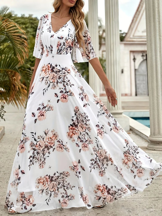 Wefads Women Long Dress Summer Casual Sexy V-Neck Lotus Leaf Sleeves Printed Beach Holiday Dresses - AMULET RING STORE