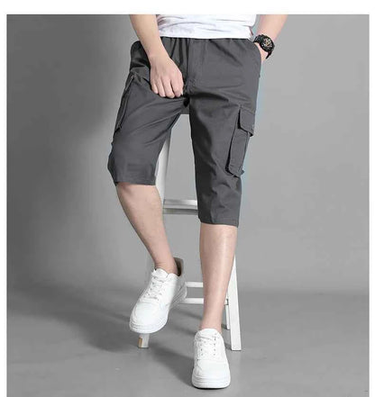New Men's Cropped Cargo Shorts Men Casual Sports Pants Zipper Pocket Summer Cotton Shorts Running Jogger Shorts Elastic Waist