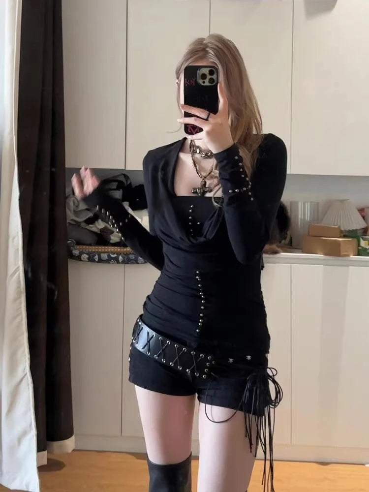 Irregular Shirt Trashy 2000s Vintage Tops Subculture Y2k Leopard Print T-Shirt Harajuku Ruffled Blouses Grunge Aesthetics V-neck - AMULET RING STORE