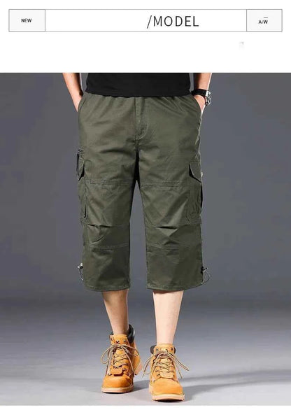 Summer Men's Cargo Shorts Loose Casual Below Knee Pants Elastic Waist Plus Size Outdoor Jogging Tactical Capri Pants