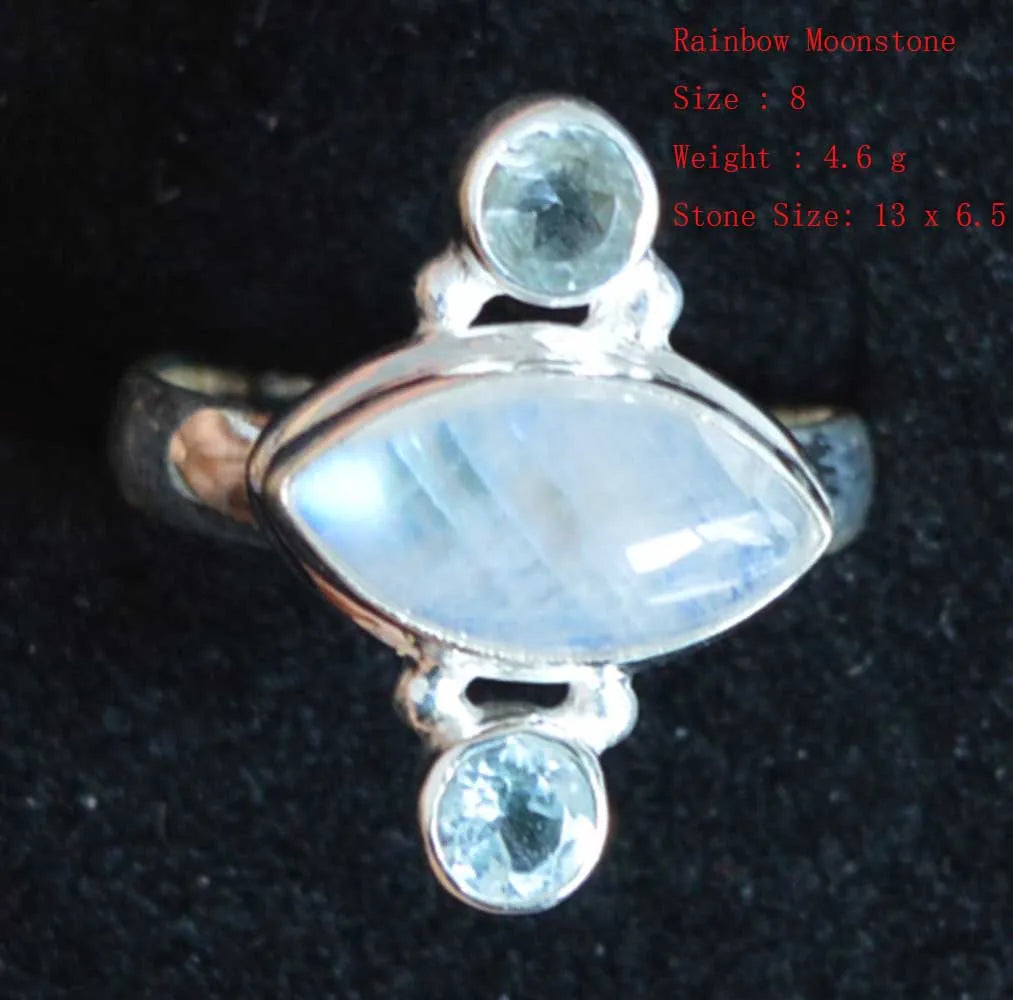 Genuine Rainbow Moonstone Ring 925 Sterling Silver,  Women Jewelry Gift