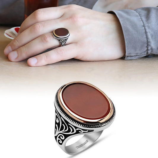 925 Sterling Silver Ring for Men Agate  Stone, Jewelry Fashion Vintage Gift Onyx Aqeq Mens Rings All Size