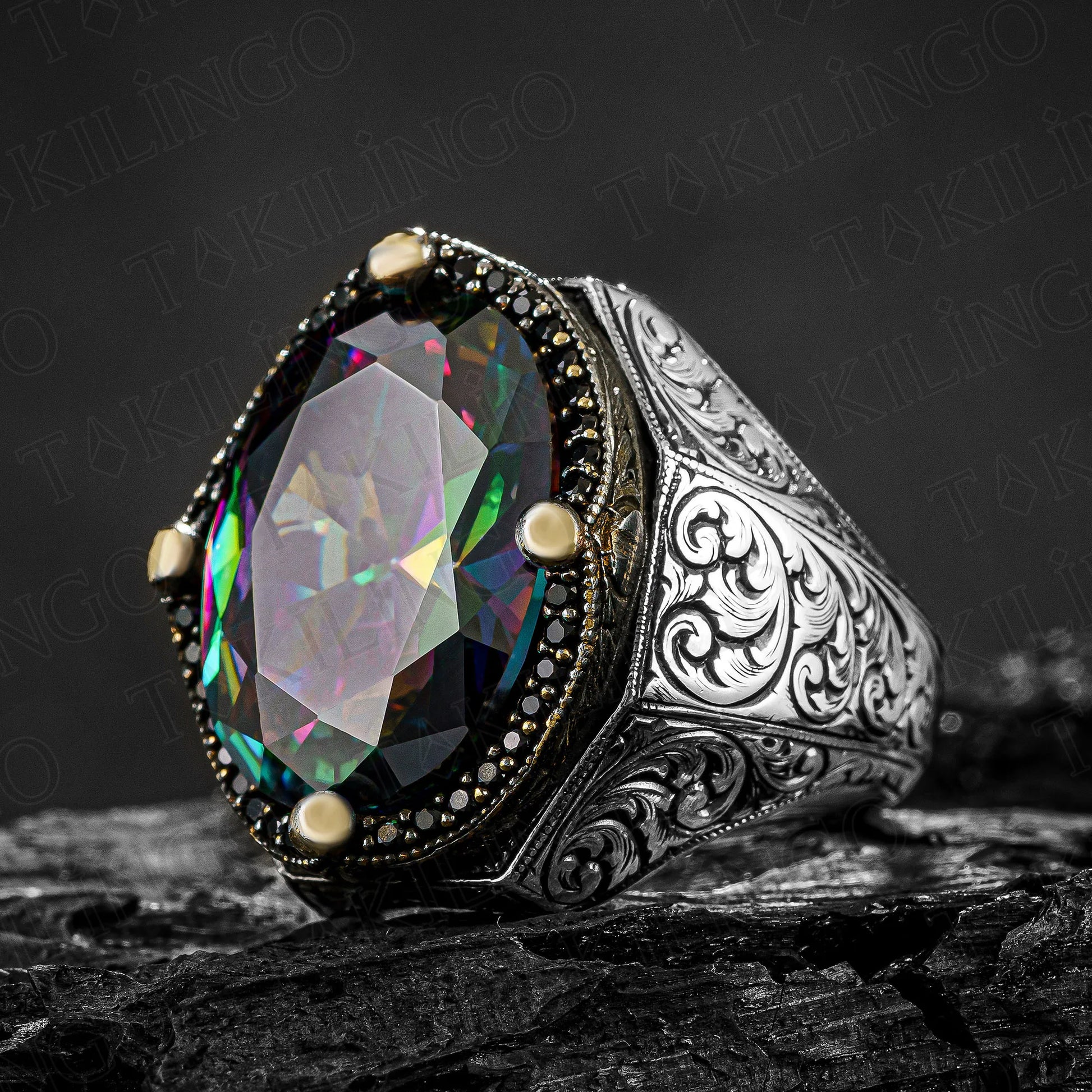 Genuine 925 Sterling Silver Ring for Men's Mystic Topaz King Crown Design Victorian Occult Fashion Jewelry Gift AMULET RING STORE