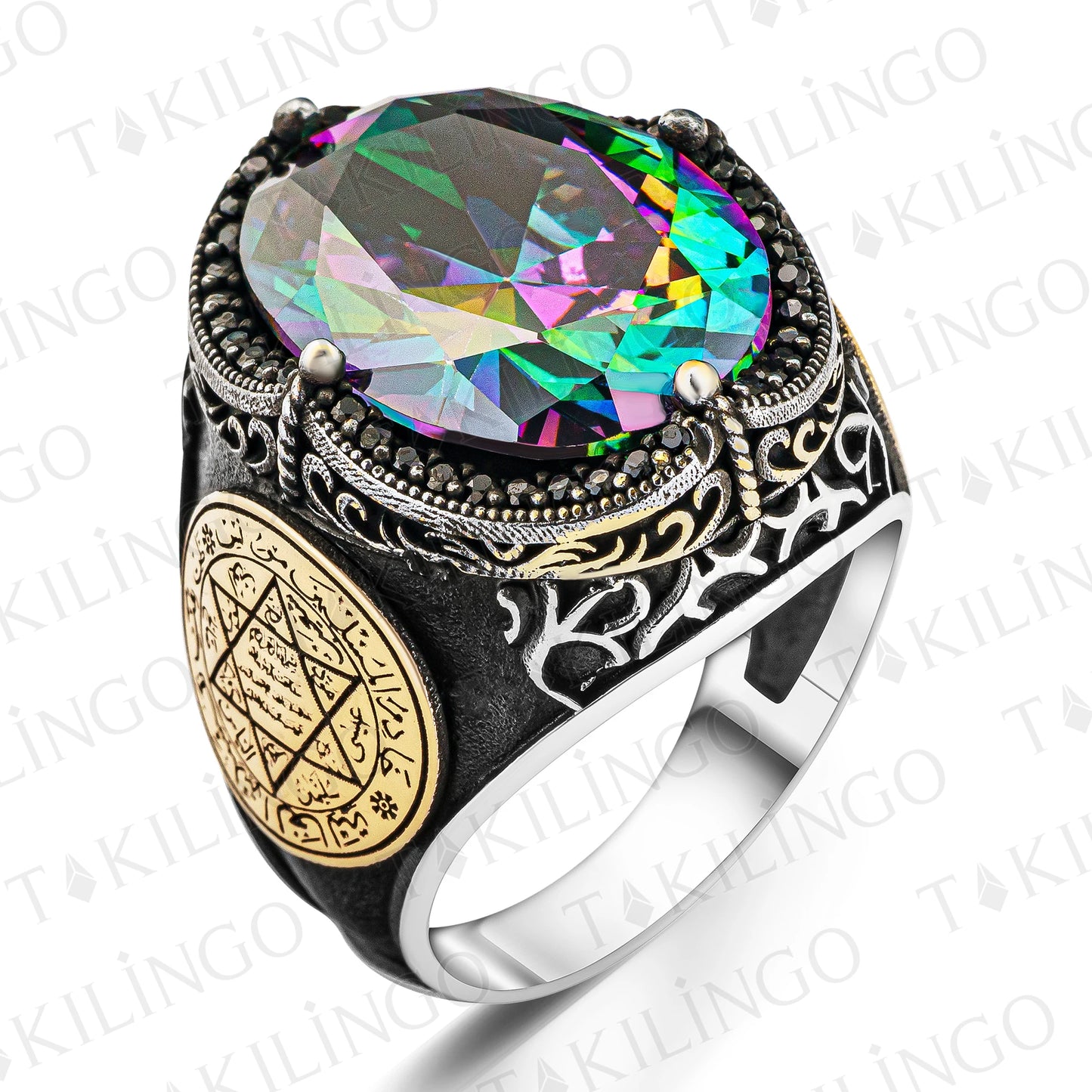 Solid 925 Sterling Silver Side Seal Of Solomon Mystic Topaz Men's Ring Business Jewelery Chic Handmade Jewelry Gift For Him