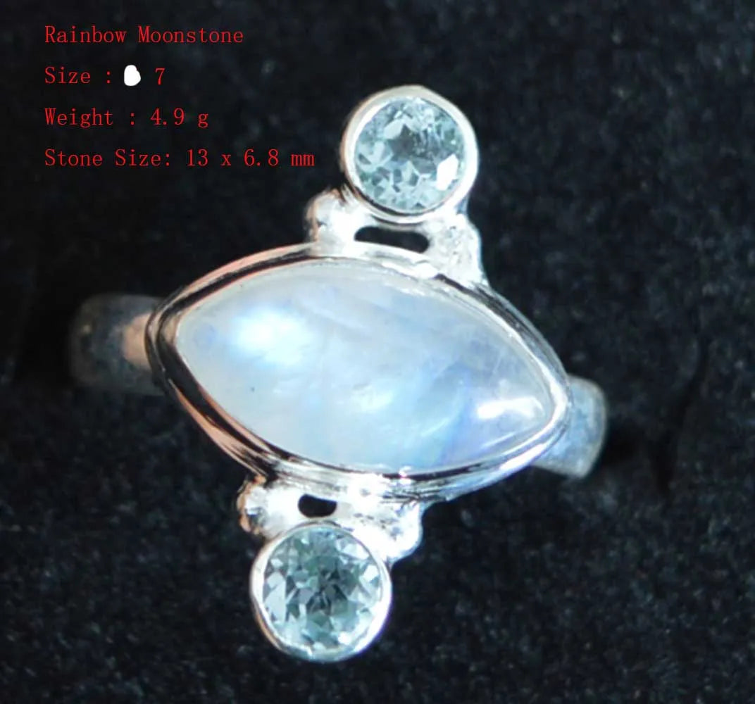 Genuine Rainbow Moonstone Ring 925 Sterling Silver,  Women Jewelry Gift