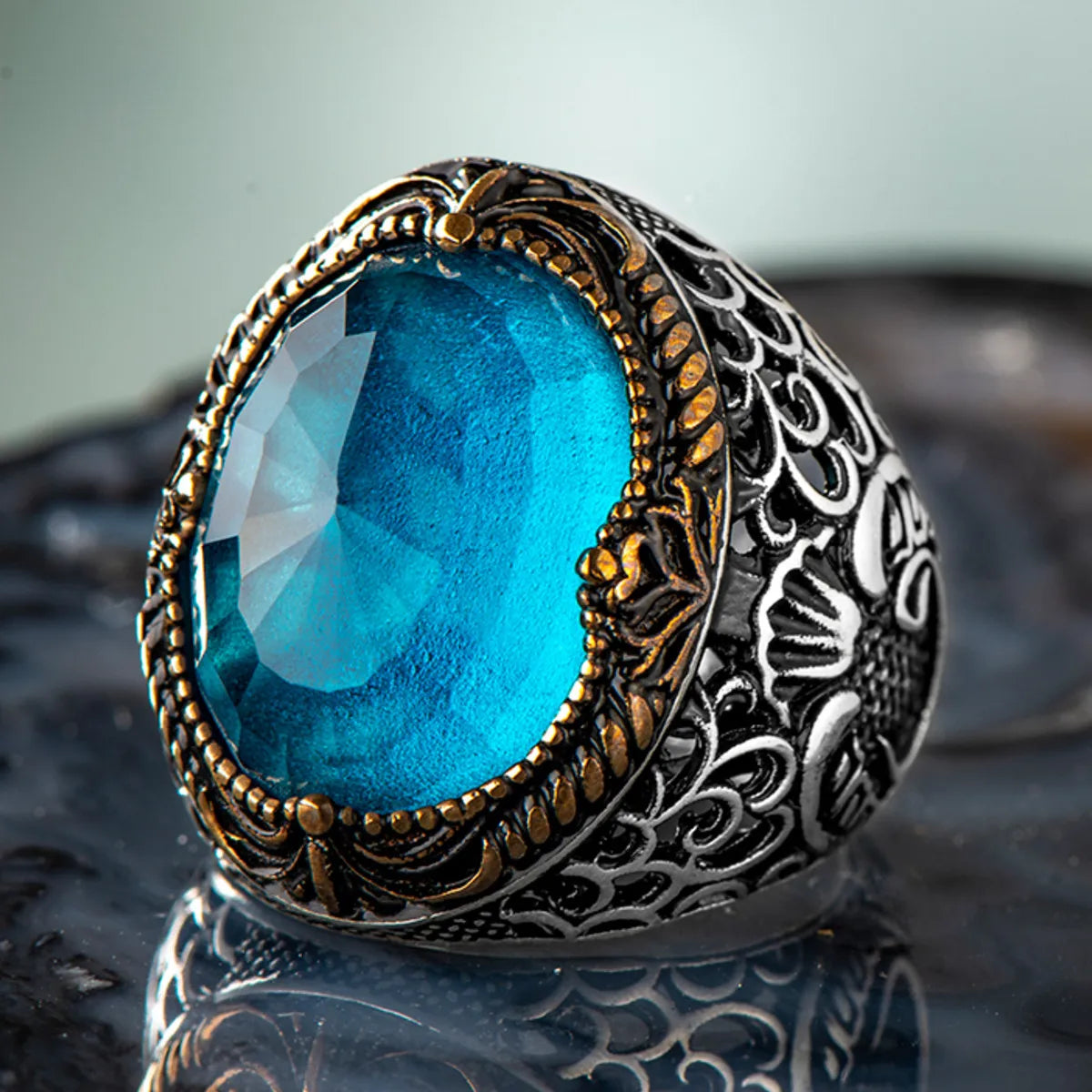 925 Sterling Silver Unique Design Aqua Stone Men's Ring with Arabic Letter Wav Exclusive Accessory Ring for Men Made in turkey AMULET RING STORE