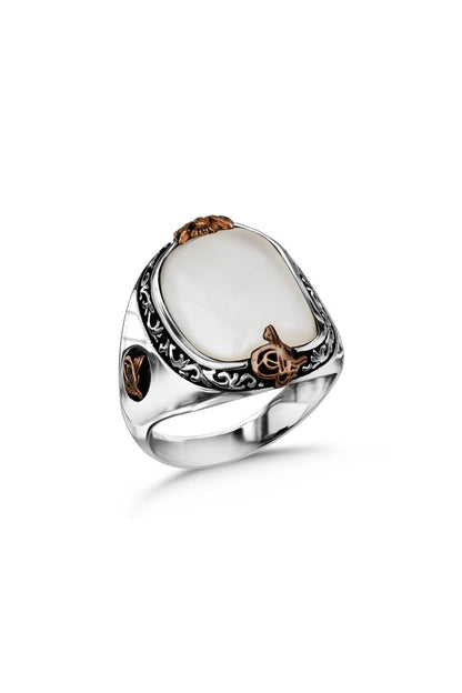 Solid 925 Sterling Silver Mother Of Pearl Ottoman Signet Ring Men's High Quality Engraved Vintage Jewelry Gift For Him