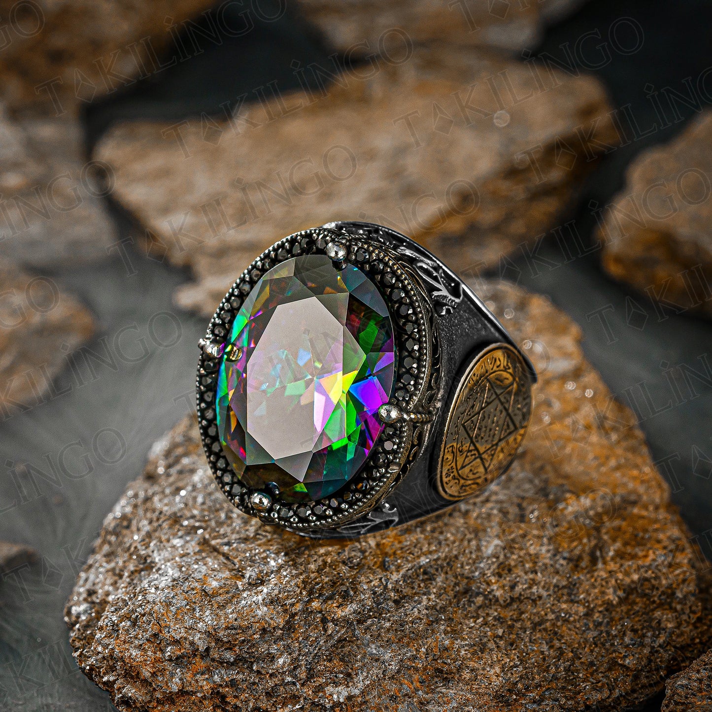 Solid 925 Sterling Silver Side Seal Of Solomon Mystic Topaz Men's Ring Business Jewelery Chic Handmade Jewelry Gift For Him