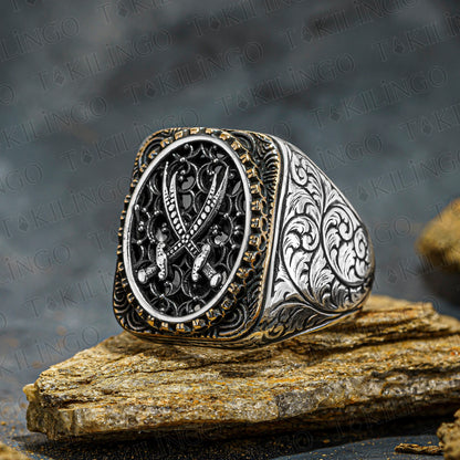 Elegant Design 925Sterling Silver Seal Of Solomon Aleph Double Eagle And Sword Men's Ring