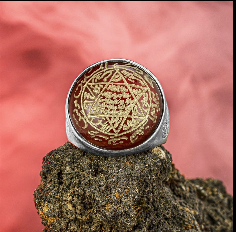 Red Agate Stone Seal Of Solomon Ring 925 Sterling Silver Secret Of David Star Ring