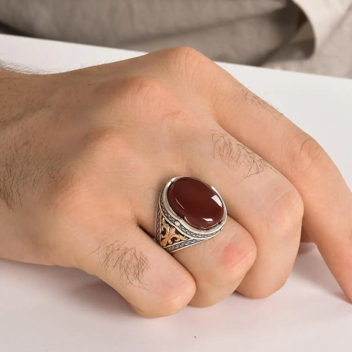 Ottoman Yemen Red Agate Silver Victorian Ring New Authentic Sterling Silver Antique Turkish Master Hand Ring Men's Rustic AMULET RING STORE