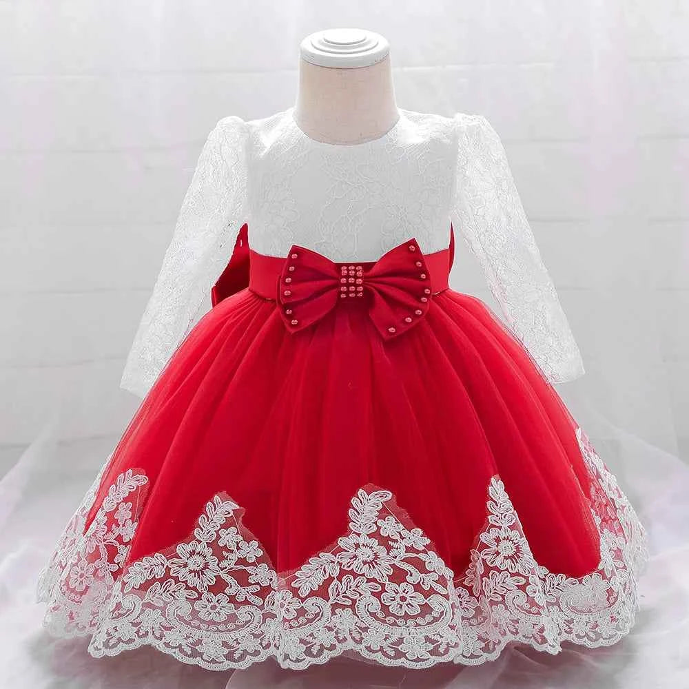 Newborn Long Sleeve Baby Girl Dresses Party Wedding Girl Lace Big Bow Dresses Infant Girl 1st Birthday Princess Baptism Dress
