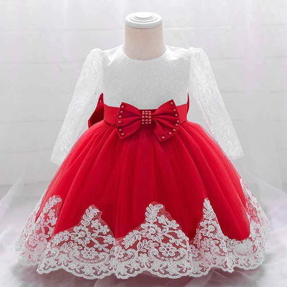 Newborn Long Sleeve Baby Girl Dresses Party Wedding Girl Lace Big Bow Dresses Infant Girl 1st Birthday Princess Baptism Dress