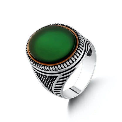 Silver Antique Turkish Green Agate Stone Oval Master Hand Ring