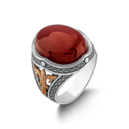 Ottoman Yemen Red Agate Silver Victorian Ring New Authentic Sterling Silver Antique Turkish Master Hand Ring Men's Rustic