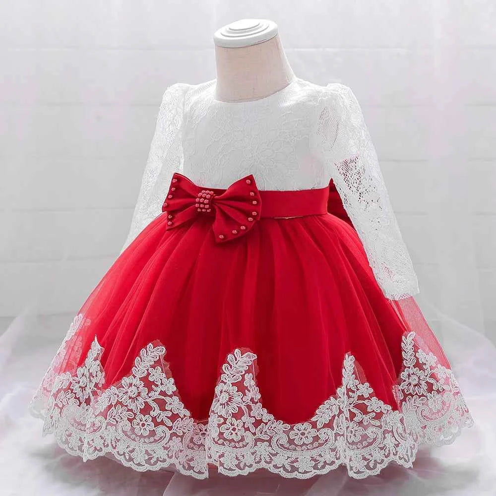 Newborn Long Sleeve Baby Girl Dresses Party Wedding Girl Lace Big Bow Dresses Infant Girl 1st Birthday Princess Baptism Dress