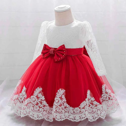 Newborn Long Sleeve Baby Girl Dresses Party Wedding Girl Lace Big Bow Dresses Infant Girl 1st Birthday Princess Baptism Dress