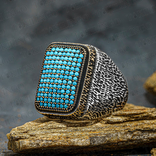 Elegant Chic Design 925 Sterling Silver Turquoise Micro Zircon Men's Ring Business Masterwork Jewelery Gift Him Accesory