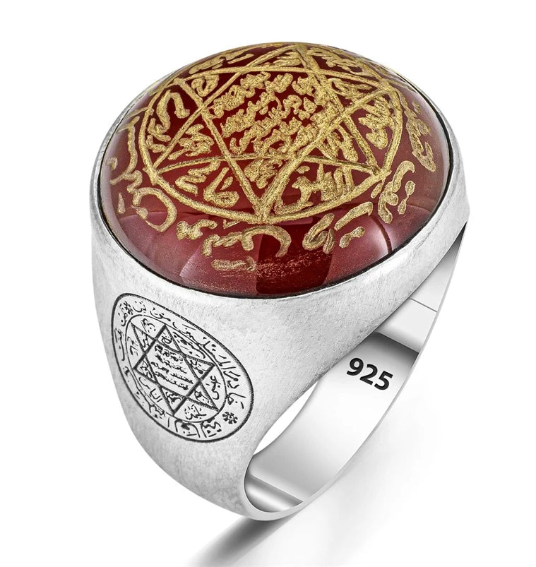 Red Agate Stone Seal Of Solomon Ring 925 Sterling Silver Secret Of David Star Ring