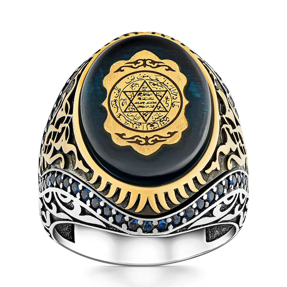 Genuine 925 Sterling Silver Seal Of Solomon Ring for Men Natural Blue Amber Stone Ring AMULET RING STORE