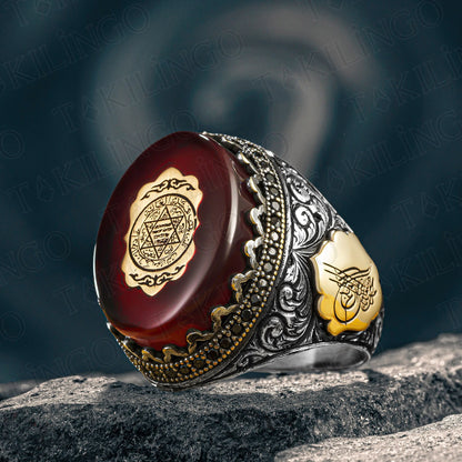 925 Sterling Silver Seal Of Solomon On Amber Stone Men's Ring David Of Star High Quality Handmade Jewelry Gift For Him