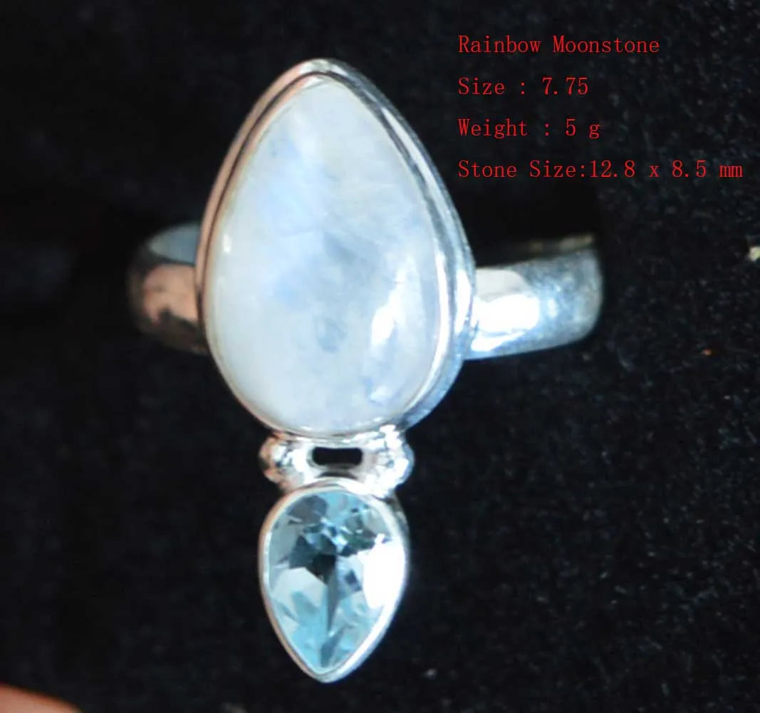 Genuine Rainbow Moonstone Ring 925 Sterling Silver,  Women Jewelry Gift