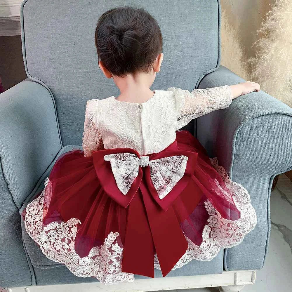 Newborn Long Sleeve Baby Girl Dresses Party Wedding Girl Lace Big Bow Dresses Infant Girl 1st Birthday Princess Baptism Dress