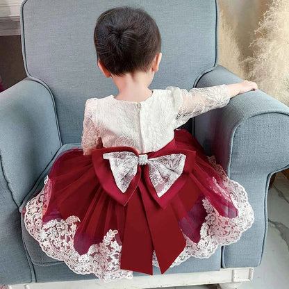 Newborn Long Sleeve Baby Girl Dresses Party Wedding Girl Lace Big Bow Dresses Infant Girl 1st Birthday Princess Baptism Dress
