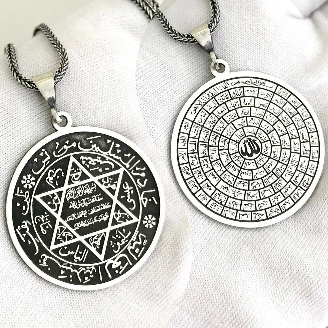 Elegant Double Sided Pendant in 925 Sterling Silver Seal Of Solomon And 99 Names Of Allah Asmaul Husna