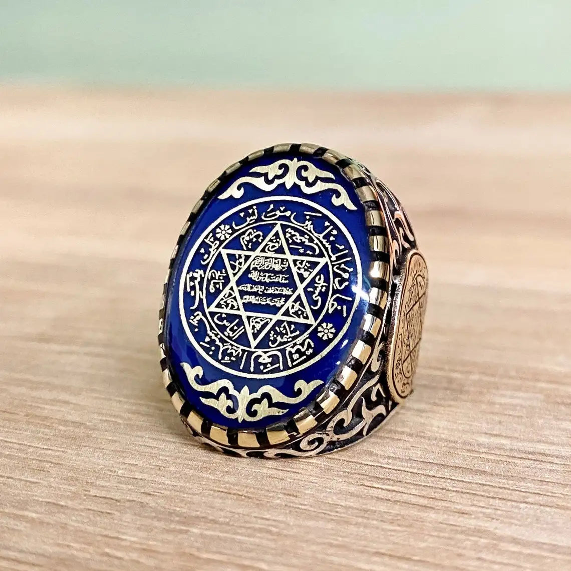 Natural Blue Enamel Seal Of Solomon David Star Men's Ring Cool Engraved Ring