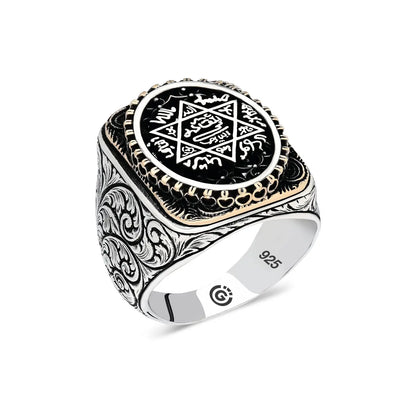 Elegant Design 925Sterling Silver Seal Of Solomon Aleph Double Eagle And Sword Men's Ring