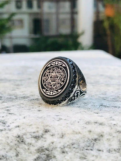 Elegant Big Design 925 Sterling Silver Seal Of Solomon Men's Ring Microstone With Star Of David