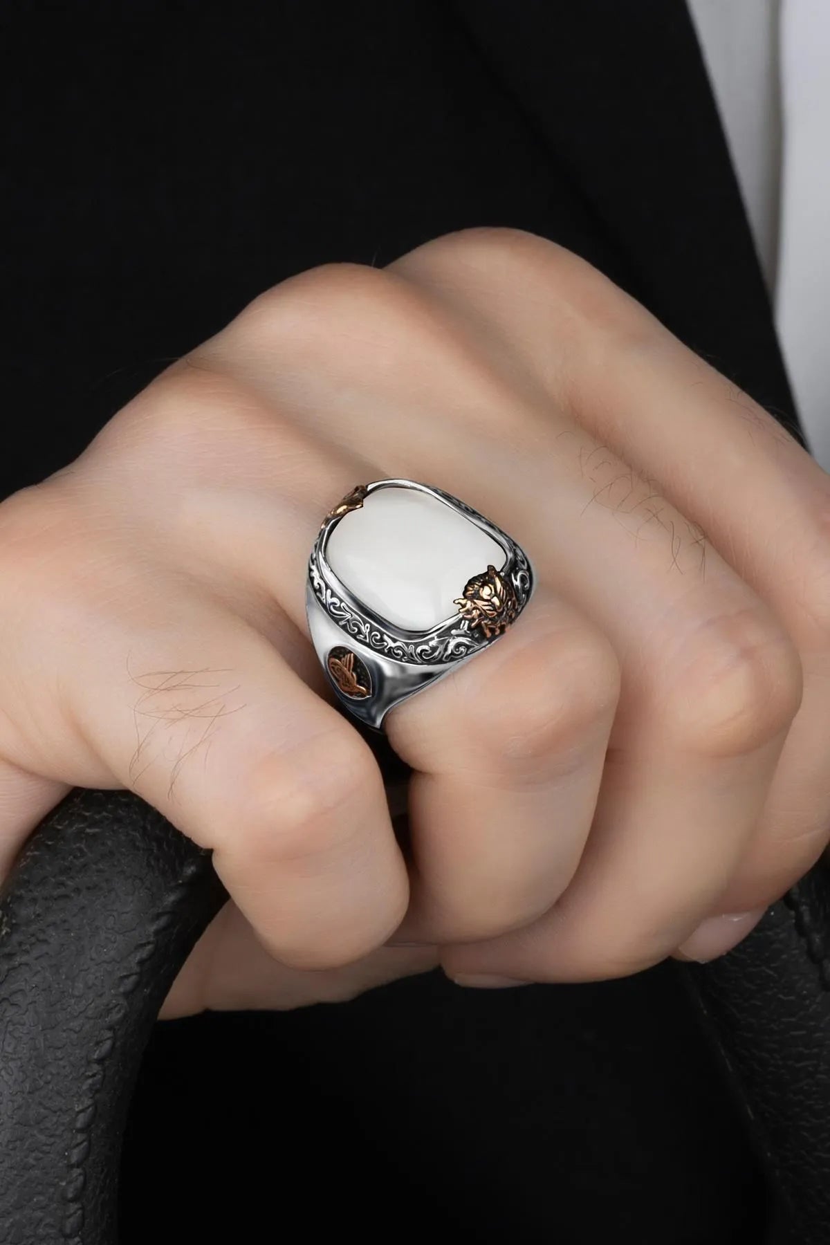 Solid 925 Sterling Silver Mother Of Pearl Ottoman Signet Ring Men's High Quality Engraved Vintage Jewelry Gift For Him