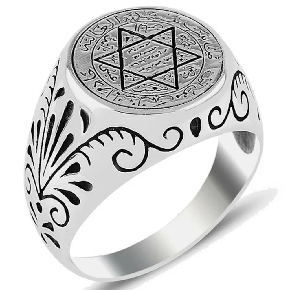 Solid 925 Sterling Silver Turkish Handmade Seal of Solomon Men's Ring