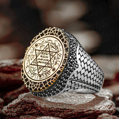 Elegant Solid 925 Sterling Silver Seal Of Prophet Solomon Men's Ring With Zircon Stone