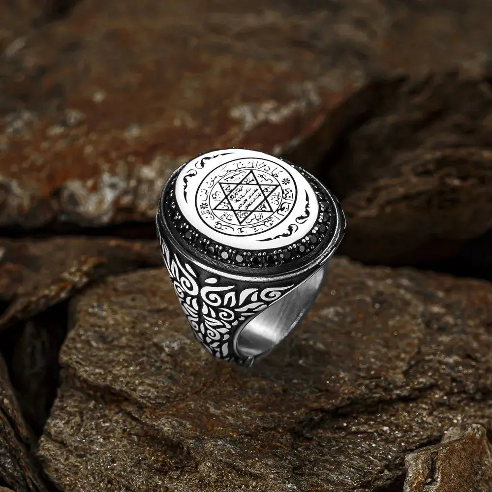 Seal Of Solomon With Zirconia Silver Victorian Ring New Authentic Sterling Silver Antique Turkish Master Hand Ring Men's Rustic