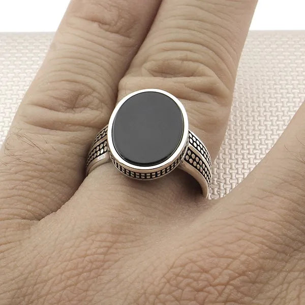 Classic Silver Ring Oval Black Onyx Zircon Gemstone Silver Ring Men Solid 925 Sterling Silver Handmade Accessory Biker Gift Him