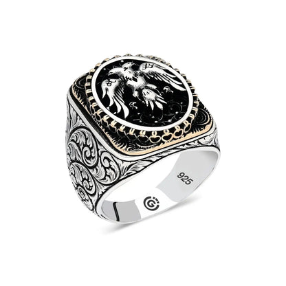 Elegant Design 925Sterling Silver Seal Of Solomon Aleph Double Eagle And Sword Men's Ring