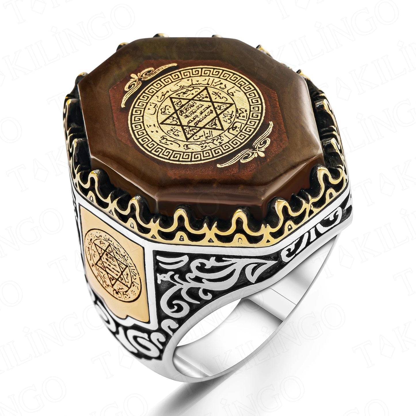 Elegant Big Design Solid 925Sterling Silver Seal Of Solomon On Amber Stone Men's Ring