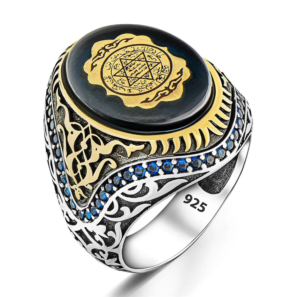 Genuine 925 Sterling Silver Seal Of Solomon Ring for Men Natural Blue Amber Stone Ring AMULET RING STORE