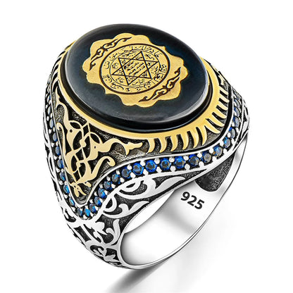 Genuine 925 Sterling Silver Seal Of Solomon Ring for Men Natural Blue Amber Stone Ring