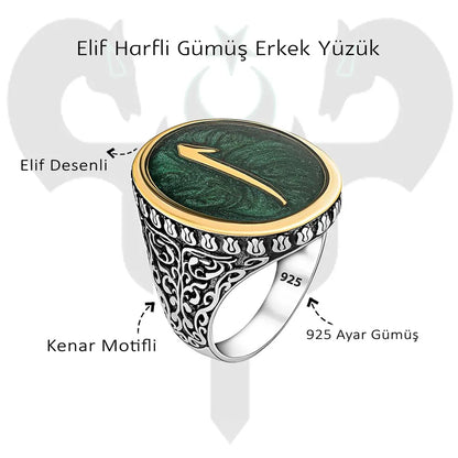 Elegant Ring in 925 Sterling Silver Ottoman Green Arabic Elif Motif Rings