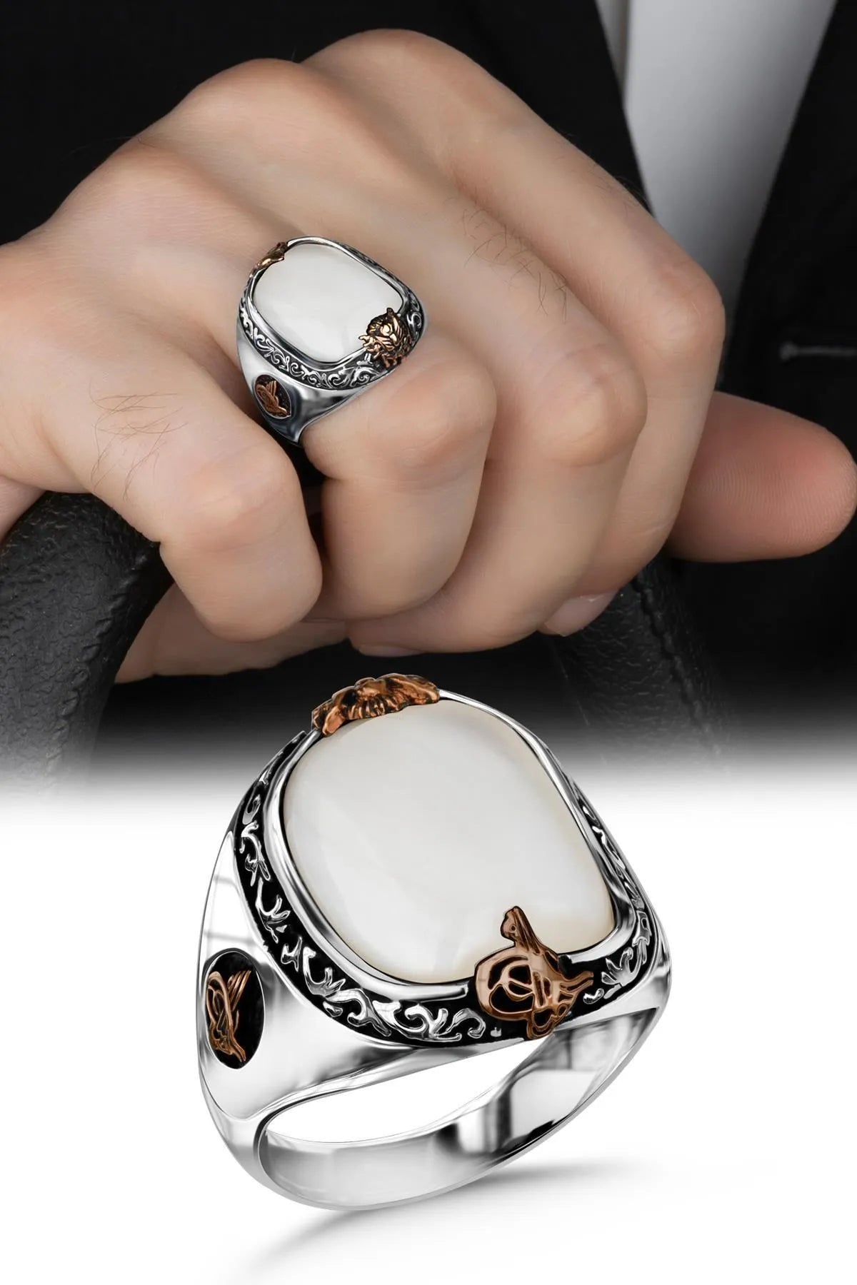 Solid 925 Sterling Silver Mother Of Pearl Ottoman Signet Ring Men's High Quality Engraved Vintage Jewelry Gift For Him