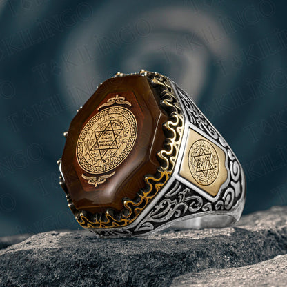 Elegant Big Design Solid 925Sterling Silver Seal Of Solomon On Amber Stone Men's Ring