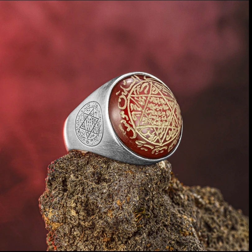 Red Agate Stone Seal Of Solomon Ring 925 Sterling Silver Secret Of David Star Ring AMULET RING STORE