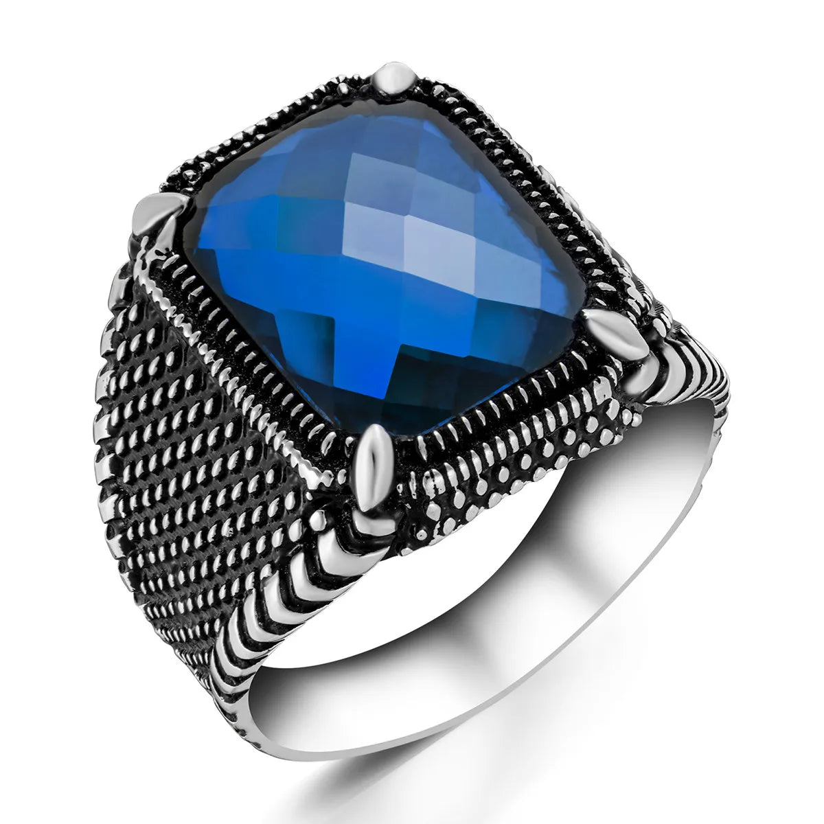 925 Sterling Silver Rectangular Blue Zircon Men's Ring Exclusive Ring for Men Zirconia Ring Special Access Made in Turkey